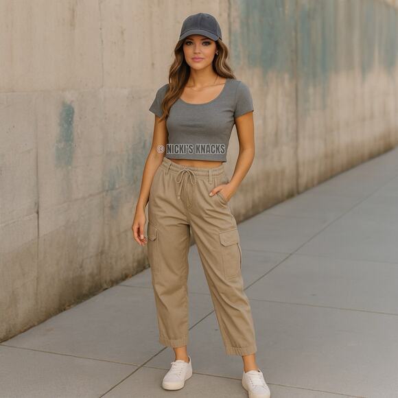 Mossimo Ribbed Knit Short Sleeve Crop Top Gray Stretchy Scoopneck Size L - Picture 8 of 9